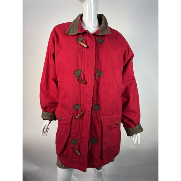 Lands End Womens Red Duffle Coat Medium 10/12 Genuine Leather Trim Vintage Style - Picture 2 of 16